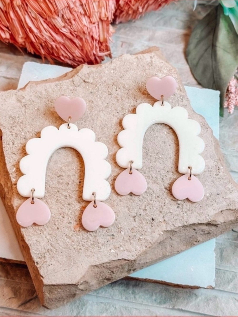Plunder Pink and White Heart Arch Dangle Earrings Girls/Women